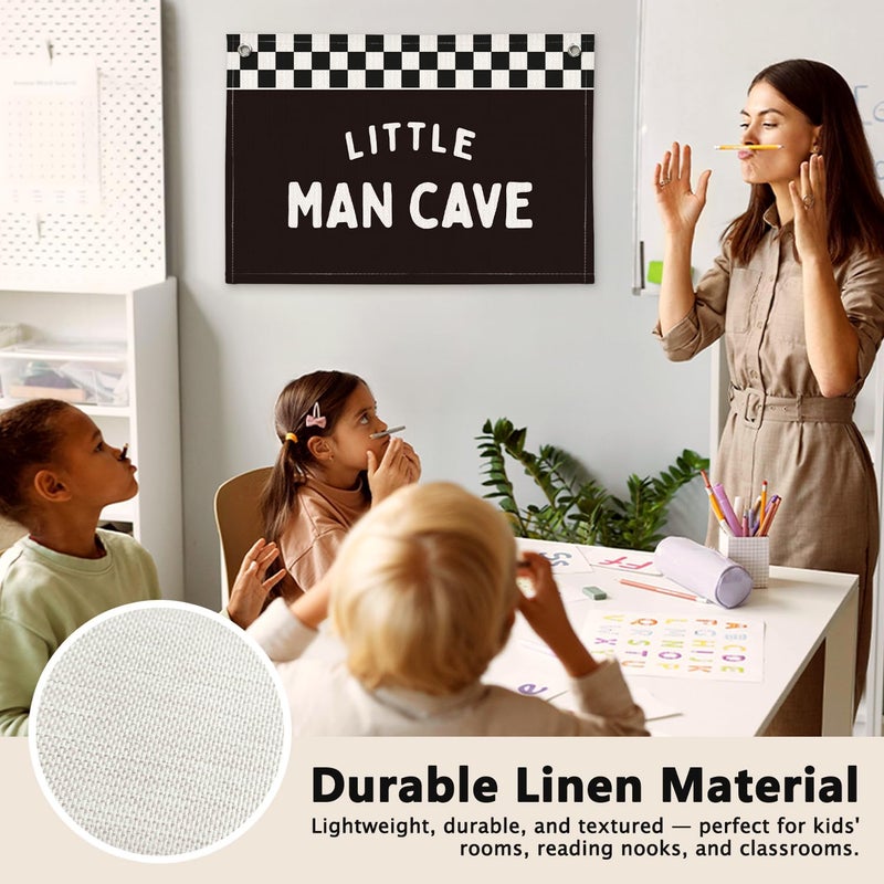ETVISO Little Man Cave Black and White Checkered Boys Room Decor - Linen Banner Wall Hanging Canvas Banner Flag Decor for Nursery Toddler Boys Bedroom Playroom - Image 3